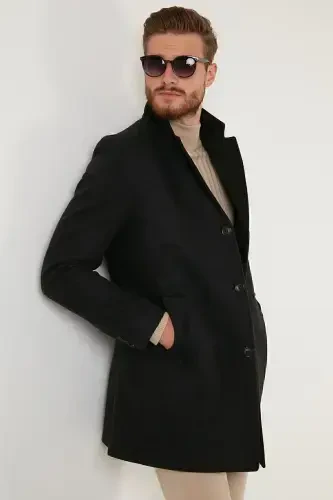 Slim Fit Single Slit Buttoned Mono Collar Wool Coat Men's Coat 5840098-SMOKE GRAY - 1