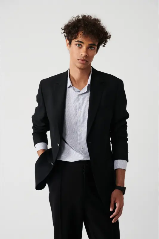 Erkek Siyah Kapaklı Cepli Astarlı Çift Yırtmaçlı Yünlü Slim Fit Ceket A32Y4029 - Siyah - 1