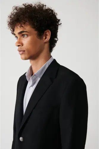 Erkek Siyah Kapaklı Cepli Astarlı Çift Yırtmaçlı Yünlü Slim Fit Ceket A32Y4029 - Siyah - 2