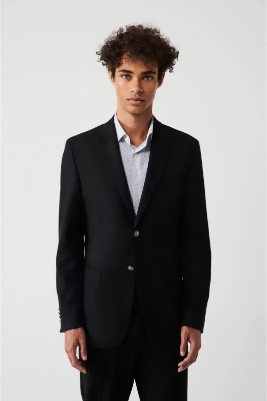 Erkek Siyah Kapaklı Cepli Astarlı Çift Yırtmaçlı Yünlü Slim Fit Ceket A32Y4029 - Siyah - 3