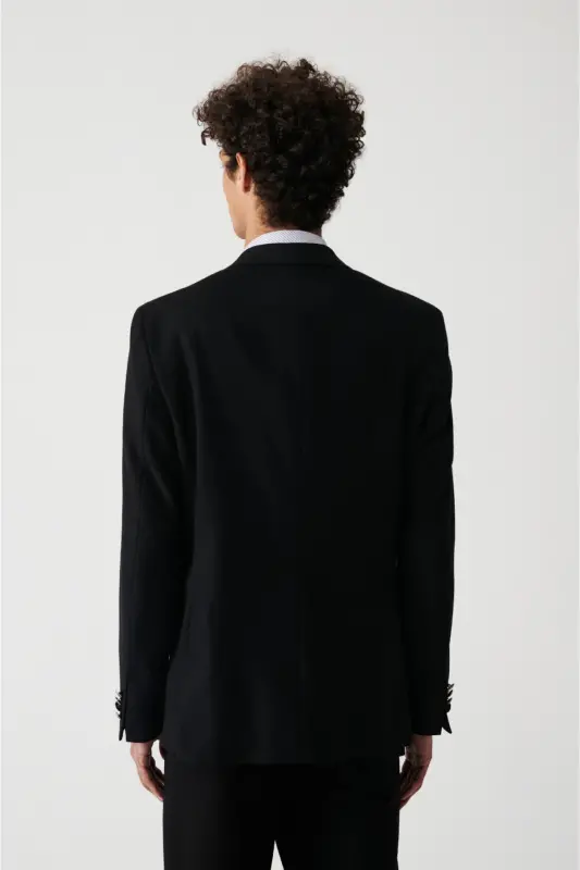 Erkek Siyah Kapaklı Cepli Astarlı Çift Yırtmaçlı Yünlü Slim Fit Ceket A32Y4029 - Siyah - 4
