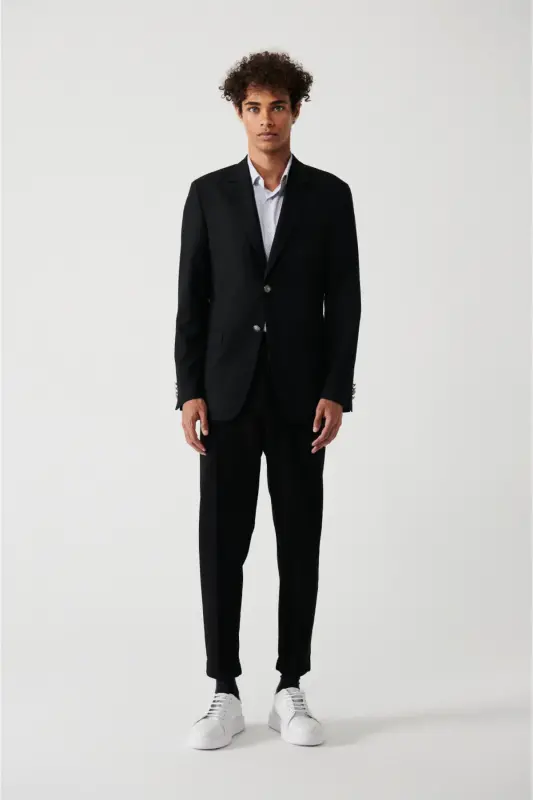 Erkek Siyah Kapaklı Cepli Astarlı Çift Yırtmaçlı Yünlü Slim Fit Ceket A32Y4029 - Siyah - 5