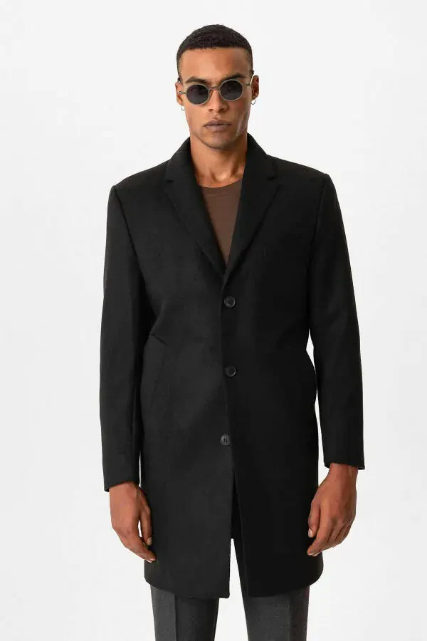Siyah Slim Fit Ceket Yaka Erkek Kaban-Siyah - 1