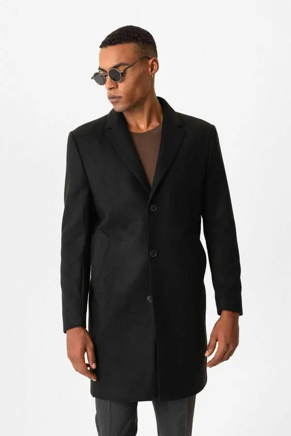 Siyah Slim Fit Ceket Yaka Erkek Kaban-Siyah - 2