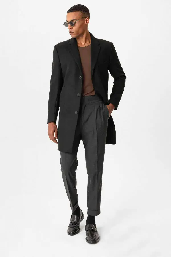 Siyah Slim Fit Ceket Yaka Erkek Kaban-Siyah - 3