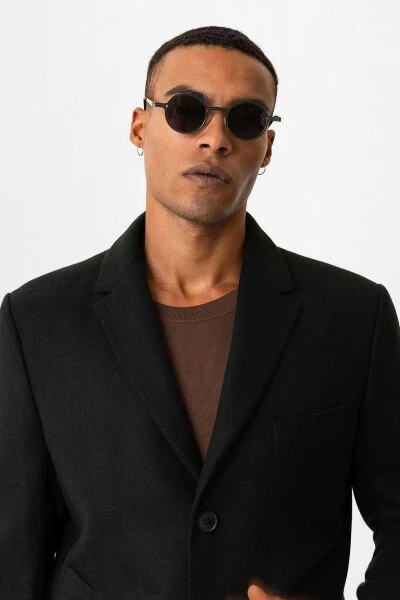 Siyah Slim Fit Ceket Yaka Erkek Kaban-Siyah - 4