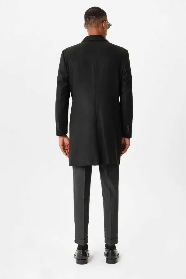 Siyah Slim Fit Ceket Yaka Erkek Kaban-Siyah - 5