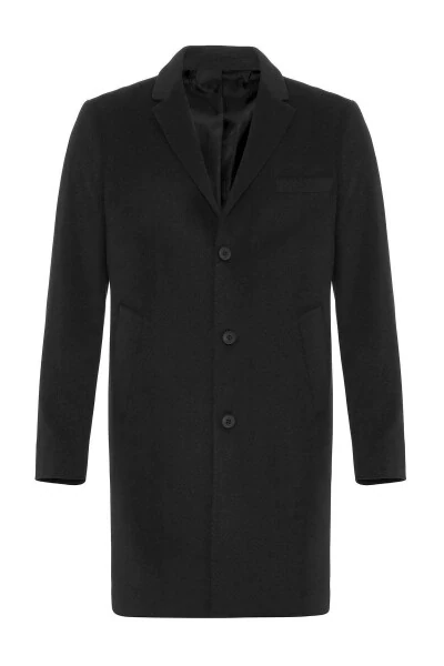 Siyah Slim Fit Ceket Yaka Erkek Kaban-Siyah - 6