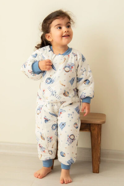 Slim Fit Space Patterned Blue Trimmed Fiber Filled 2.0 Tog Boys Sleepsuit - 7