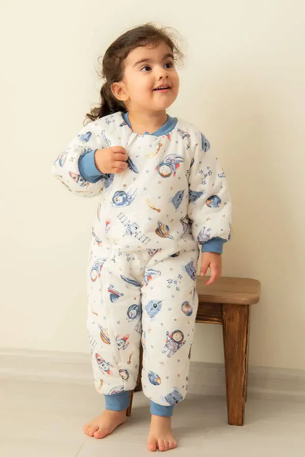 Slim Fit Space Patterned Blue Trimmed Fiber Filled 2.0 Tog Boys Sleepsuit - 7