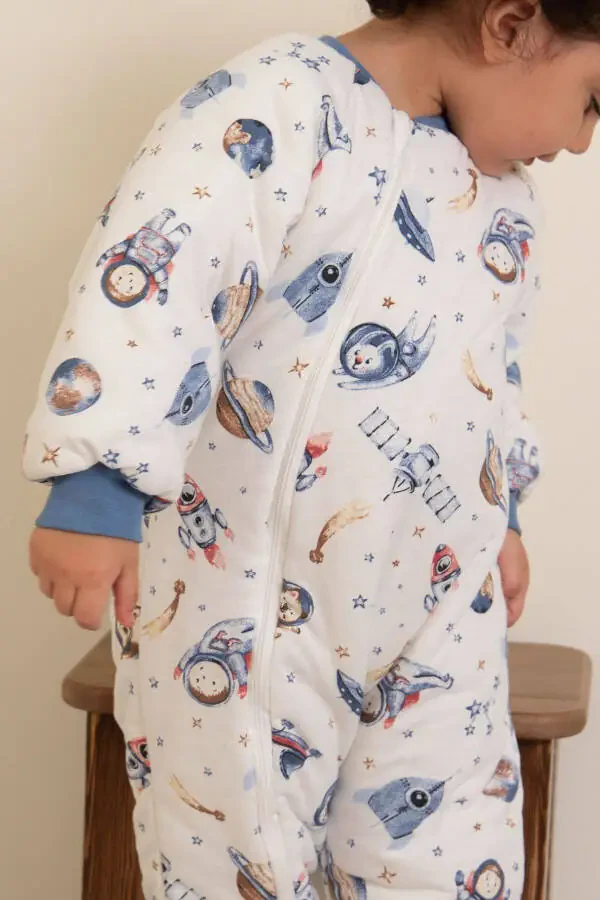 Slim Fit Space Patterned Blue Trimmed Fiber Filled 2.0 Tog Boys Sleepsuit - 8