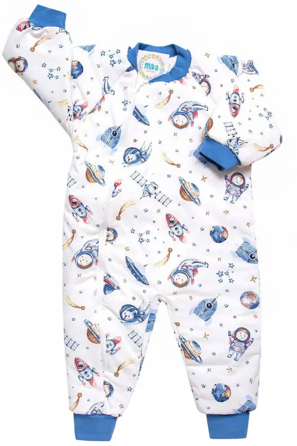 Slim Fit Space Patterned Blue Trimmed Fiber Filled 2.0 Tog Boys Sleepsuit - 9