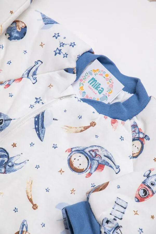 Slim Fit Space Patterned Blue Trimmed Fiber Filled 2.0 Tog Boys Sleepsuit - 11