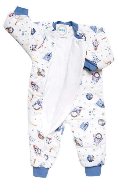 Slim Fit Space Patterned Blue Trimmed Fiber Filled 2.0 Tog Boys Sleepsuit - 14