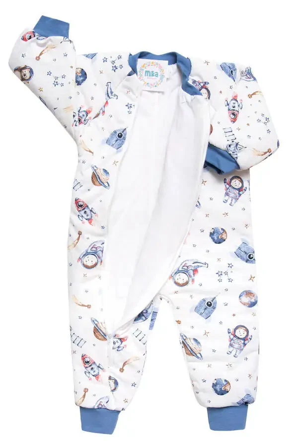 Slim Fit Space Patterned Blue Trimmed Fiber Filled 2.0 Tog Boys Sleepsuit - 14
