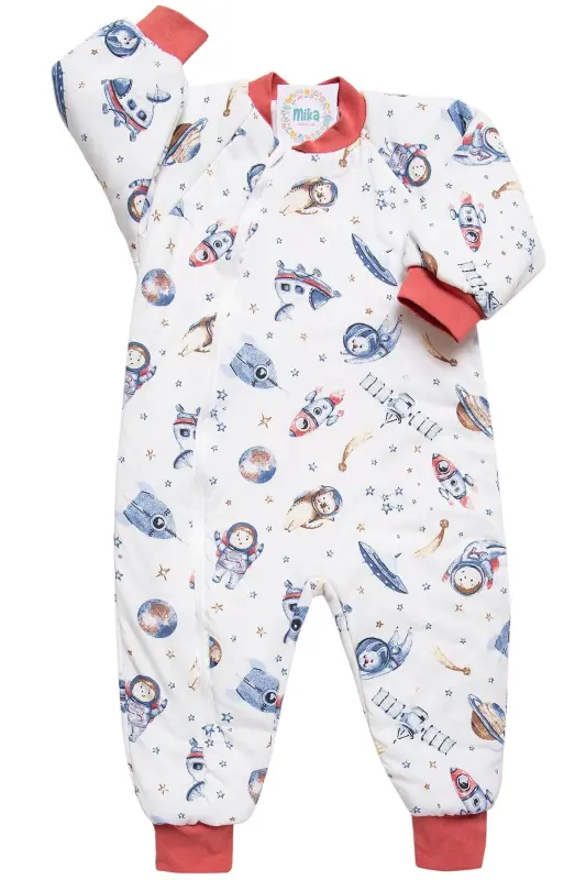 Slim Fit Space Patterned Tile-Trimmed Fiber-Filled 2.0 Tog Boys' Sleepsuit - 4