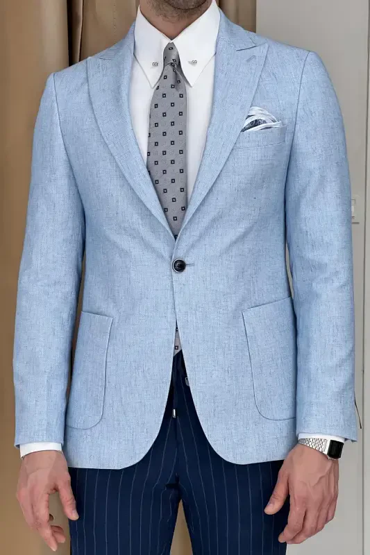 Slim Fit Special Design Pointed Collar Patch Pocket Linen Jacket-BLUE - 1