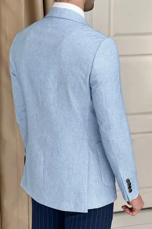 Slim Fit Special Design Pointed Collar Patch Pocket Linen Jacket-BLUE - 2