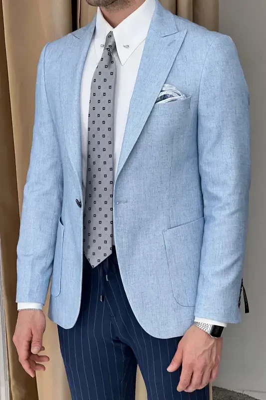 Slim Fit Special Design Pointed Collar Patch Pocket Linen Jacket-BLUE - 3