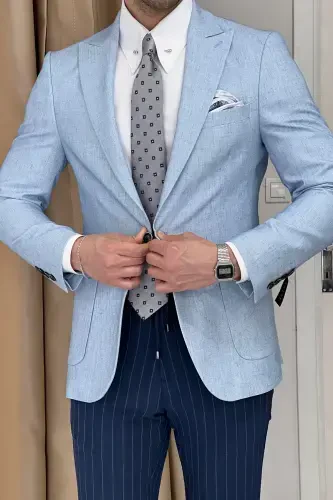 Slim Fit Special Design Pointed Collar Patch Pocket Linen Jacket-BLUE - 4