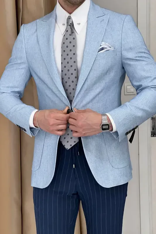 Slim Fit Special Design Pointed Collar Patch Pocket Linen Jacket-BLUE - 4