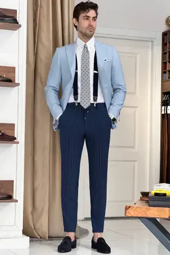 Slim Fit Special Design Pointed Collar Patch Pocket Linen Jacket-BLUE - 5