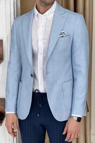 Slim Fit Special Design Pointed Collar Patch Pocket Linen Jacket-BLUE - 6