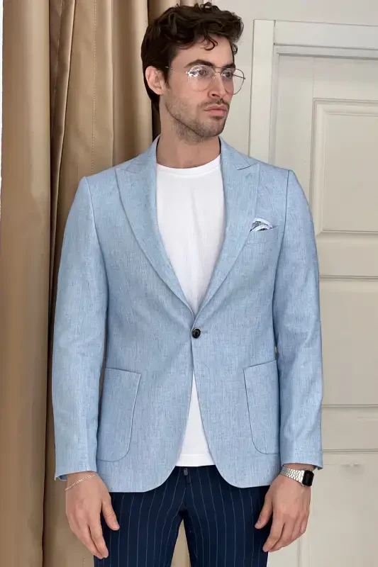 Slim Fit Special Design Pointed Collar Patch Pocket Linen Jacket-BLUE - 7