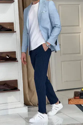 Slim Fit Special Design Pointed Collar Patch Pocket Linen Jacket-BLUE - 8