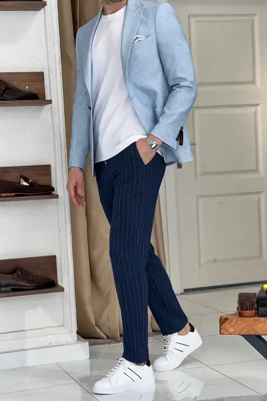 Slim Fit Special Design Pointed Collar Patch Pocket Linen Jacket-BLUE - 8