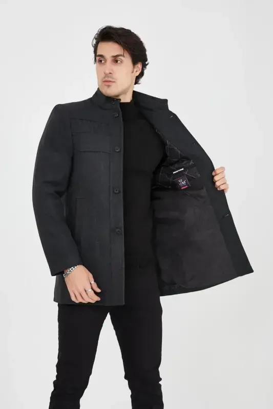 Slim Fit Stand-Up Collar Long Wool Coat 330-SMOKE GRAY - 2