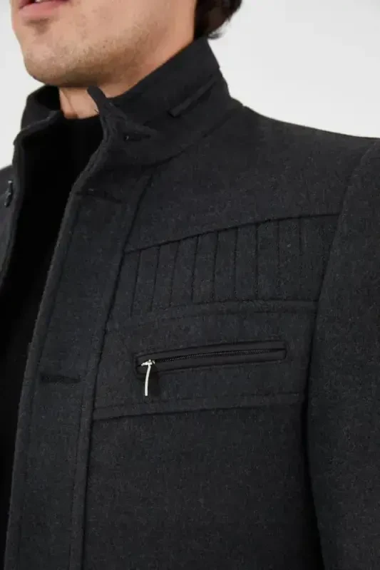 Slim Fit Stand-Up Collar Long Wool Coat 330-SMOKE GRAY - 3