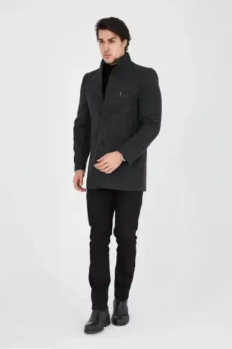 Slim Fit Stand-Up Collar Long Wool Coat 330-SMOKE GRAY - 5