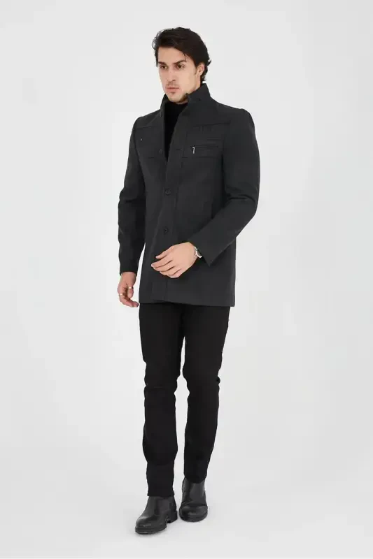 Slim Fit Stand-Up Collar Long Wool Coat 330-SMOKE GRAY - 5