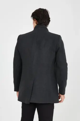 Slim Fit Stand-Up Collar Long Wool Coat 330-SMOKE GRAY 