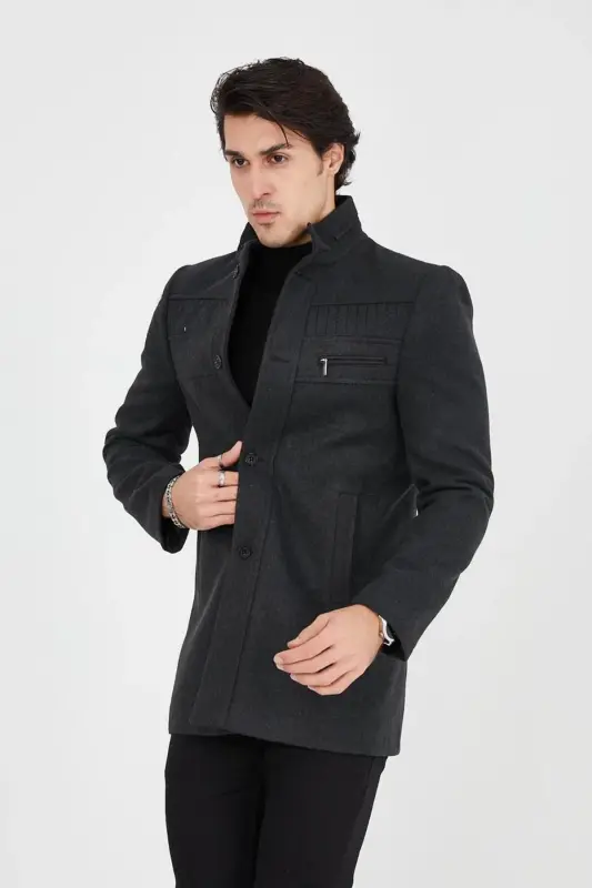 Slim Fit Stand-Up Collar Long Wool Coat 330-SMOKE GRAY - 3