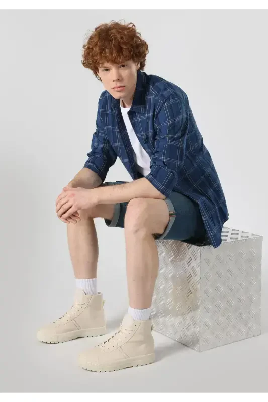 Slim Fit Striped Blue Men's Long Sleeve Shirt - 1