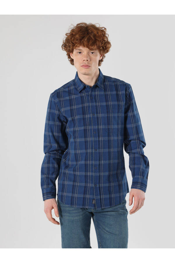 Slim Fit Striped Blue Men's Long Sleeve Shirt - 4