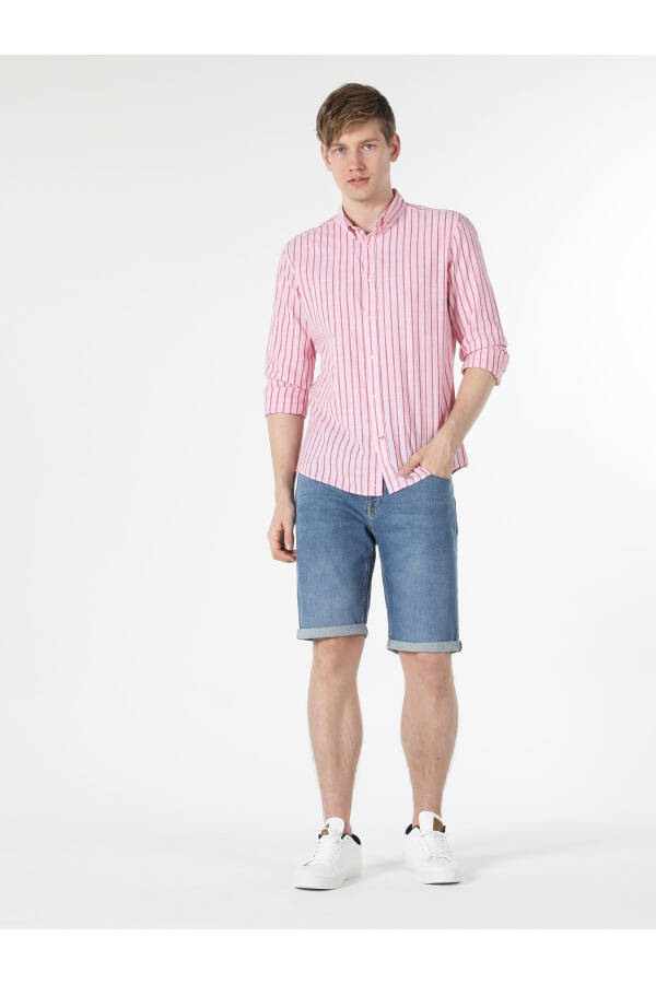 Slim Fit Striped Pink Men's Long Sleeve Shirt - 1