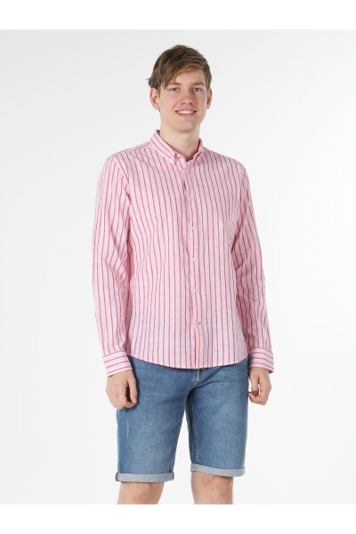 Slim Fit Striped Pink Men's Long Sleeve Shirt - 4