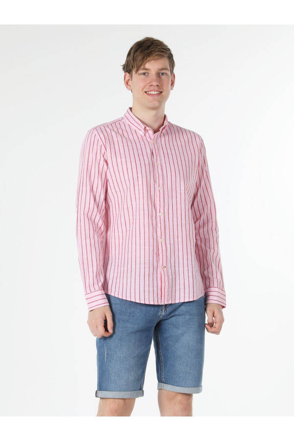 Slim Fit Striped Pink Men's Long Sleeve Shirt - 4