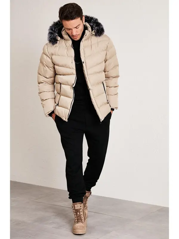 Bej Slim Fit Suni Kürklü Çıkarılabilir Kapüşonlu Şişme Mont Erkek Mont 5761080 B-Bej - LC WAIKIKI