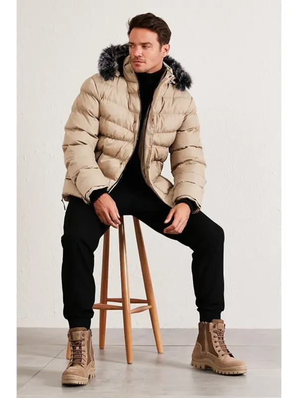 Bej Slim Fit Suni Kürklü Çıkarılabilir Kapüşonlu Şişme Mont Erkek Mont 5761080 B-Bej - 2