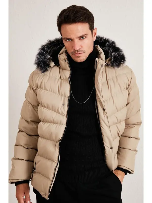Bej Slim Fit Suni Kürklü Çıkarılabilir Kapüşonlu Şişme Mont Erkek Mont 5761080 B-Bej - 3