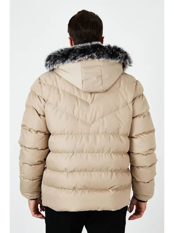 Bej Slim Fit Suni Kürklü Çıkarılabilir Kapüşonlu Şişme Mont Erkek Mont 5761080 B-Bej - 6