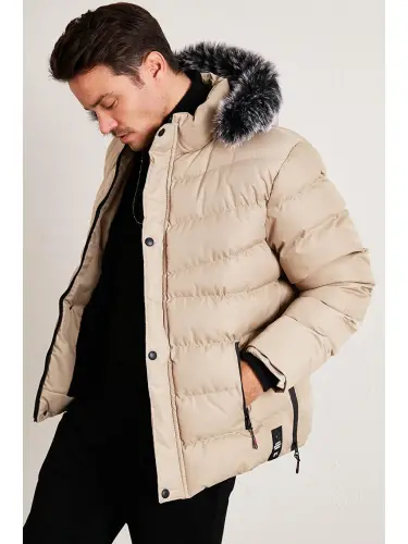 Bej Slim Fit Suni Kürklü Çıkarılabilir Kapüşonlu Şişme Mont Erkek Mont 5761080 B-Bej - 8