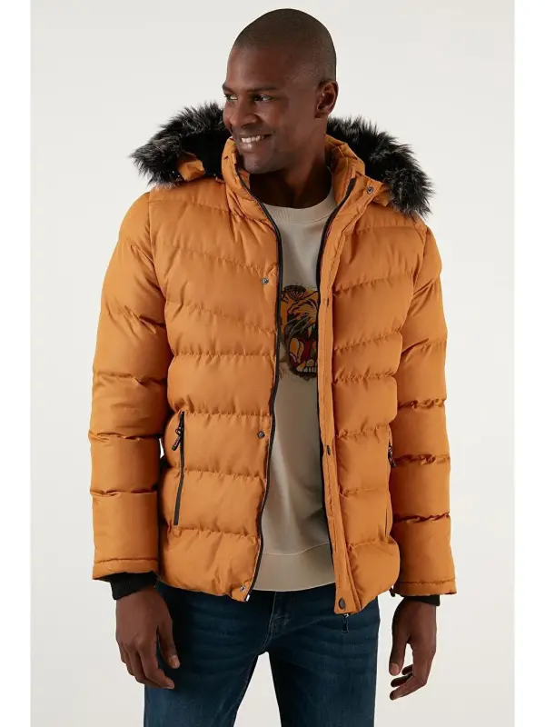Sarı Slim Fit Suni Kürklü Çıkarılabilir Kapüşonlu Şişme Mont Erkek Mont 5761080 B-Sarı - 2