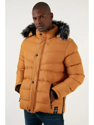 Sarı Slim Fit Suni Kürklü Çıkarılabilir Kapüşonlu Şişme Mont Erkek Mont 5761080 B-Sarı - 3