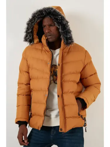 Sarı Slim Fit Suni Kürklü Çıkarılabilir Kapüşonlu Şişme Mont Erkek Mont 5761080 B-Sarı - 6