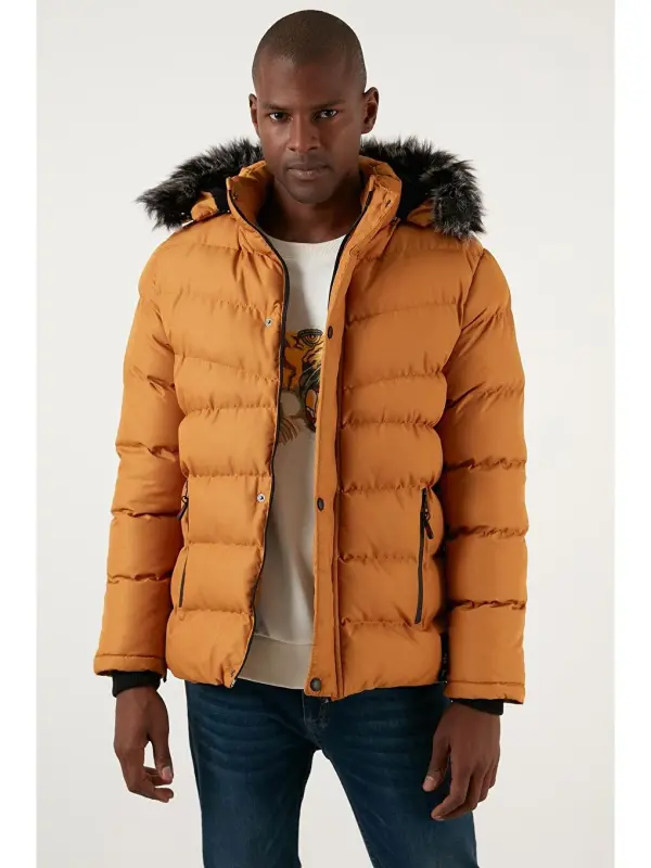 Sarı Slim Fit Suni Kürklü Çıkarılabilir Kapüşonlu Şişme Mont Erkek Mont 5761080 B-Sarı - 9